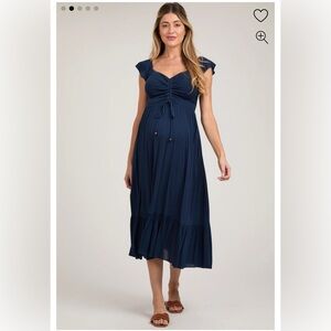 Pinkblush Navy Smocked Ruched Ruffle Hem Maternity Maxi Dress